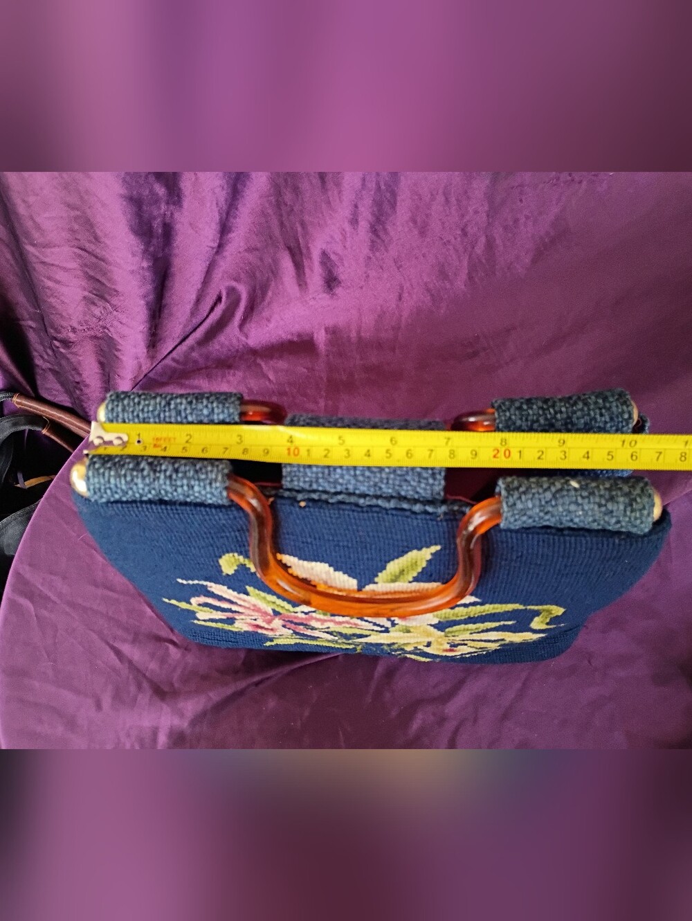 Navy Floral Needlepoint Satchel with Amber Handles - Picture 9 of 16